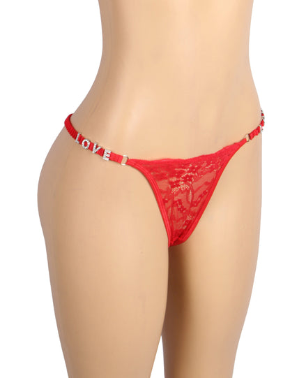 Red Lace LOVE Letters Rhinestone T-back Thong