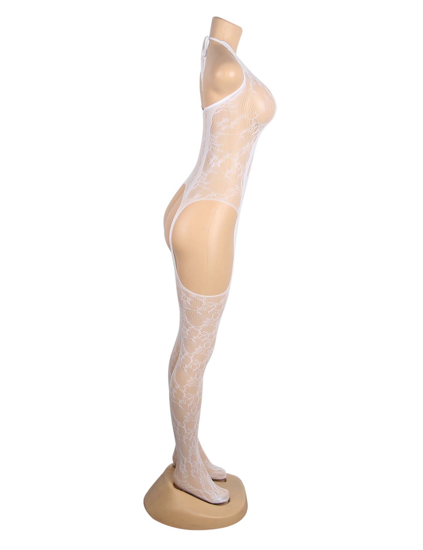 White Sexy Jacquard Halter Neck Bodystocking