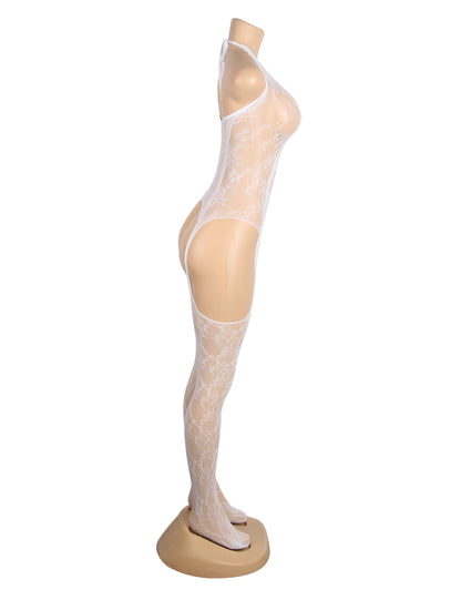 White Sexy Jacquard Halter Neck Bodystocking