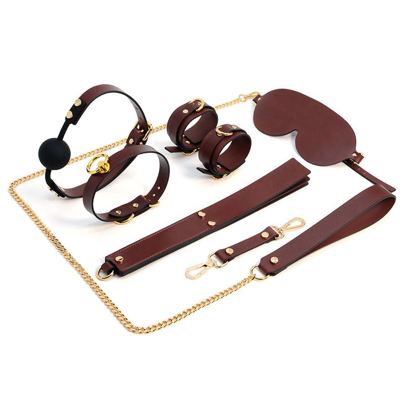 8-piece bondage set in maroon leather by Come Now, shown from the front view

